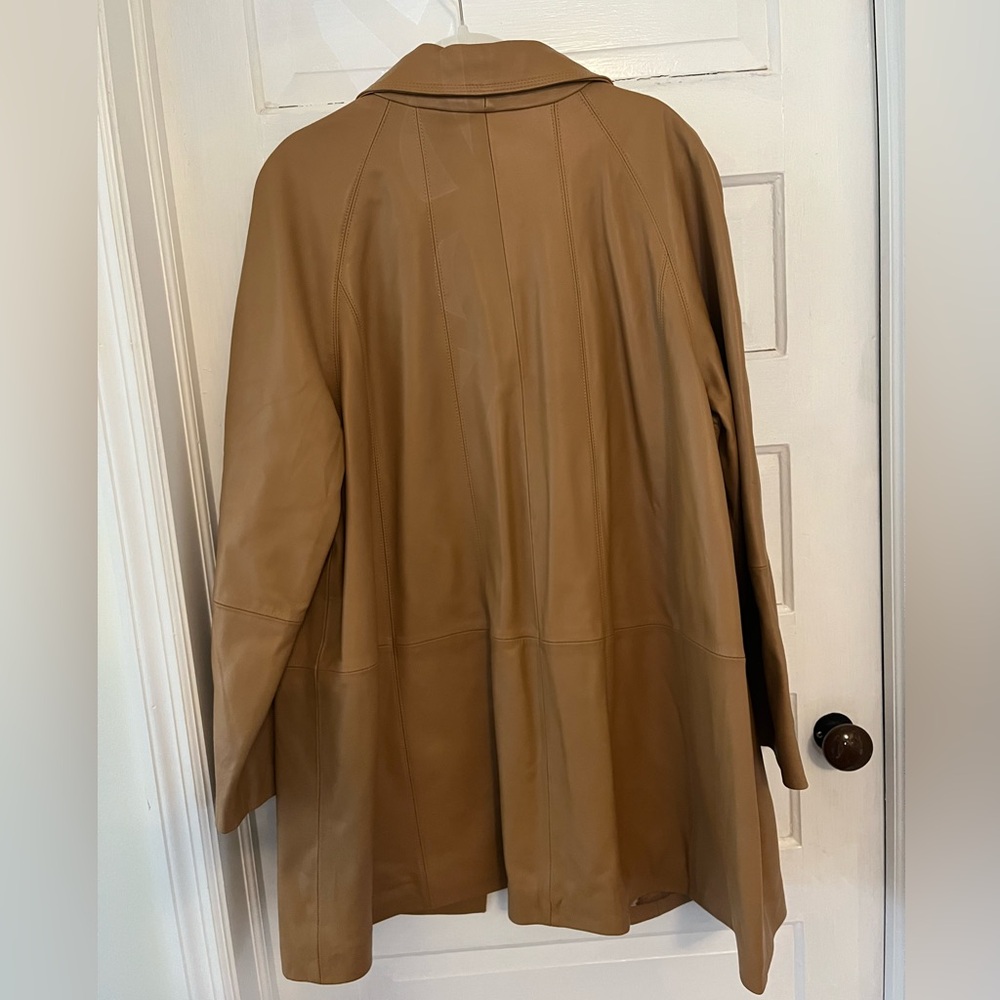 Camel Leather Button-Front Long Jacket - image 4